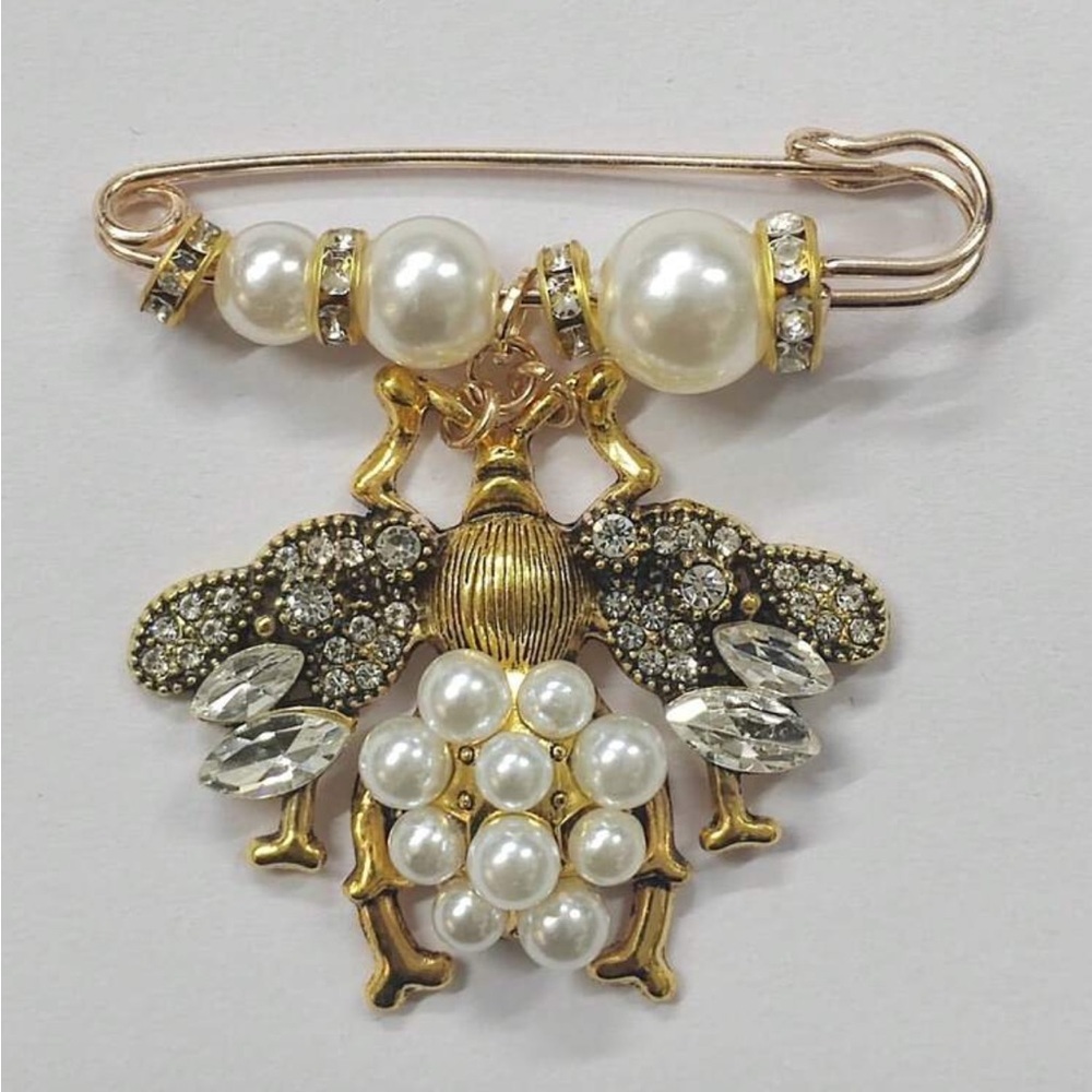 Vintage Style Gold Pearl & Crystal Bee Brooch - Picture 2 of 2